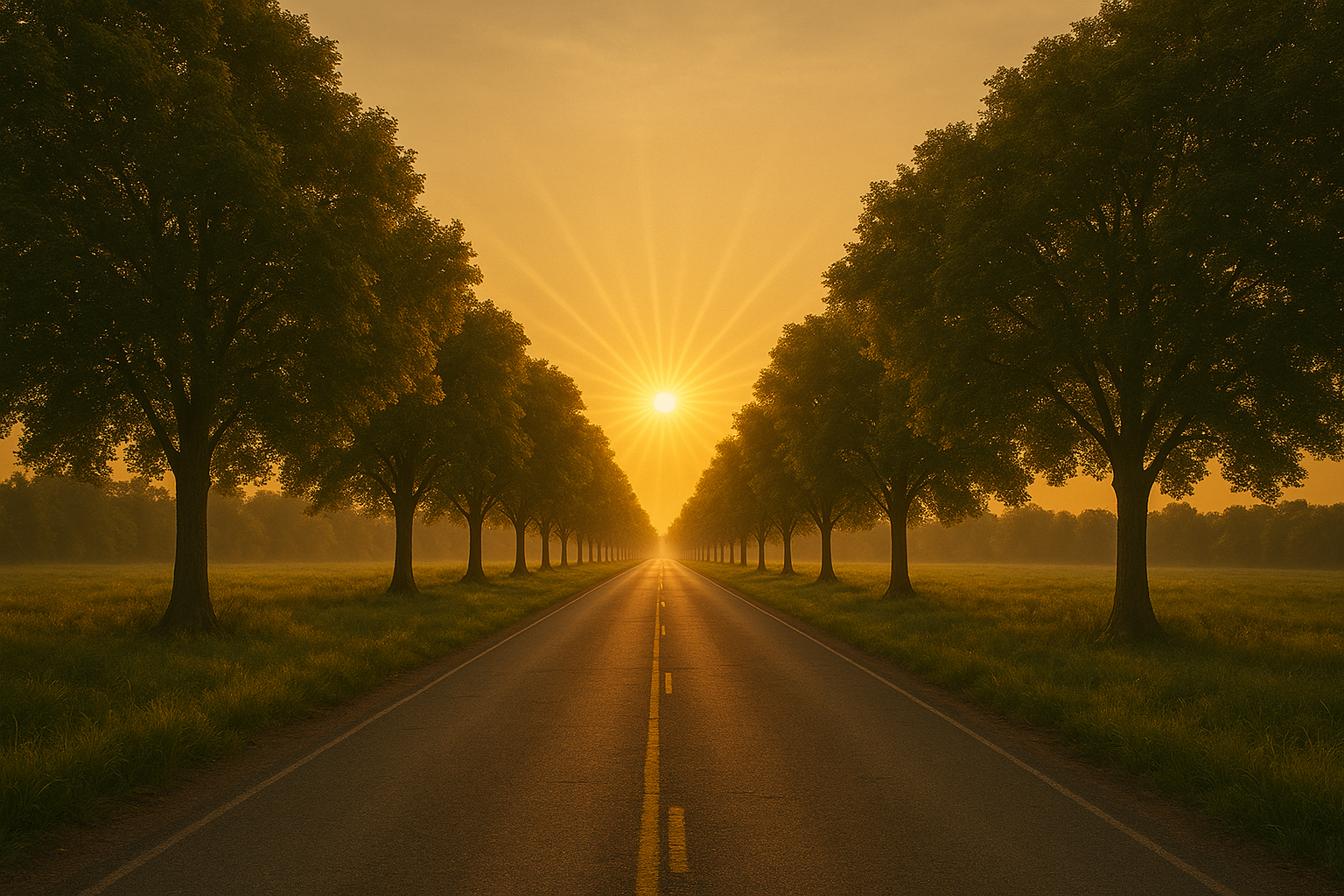 Road leading to a bright horizon with trees